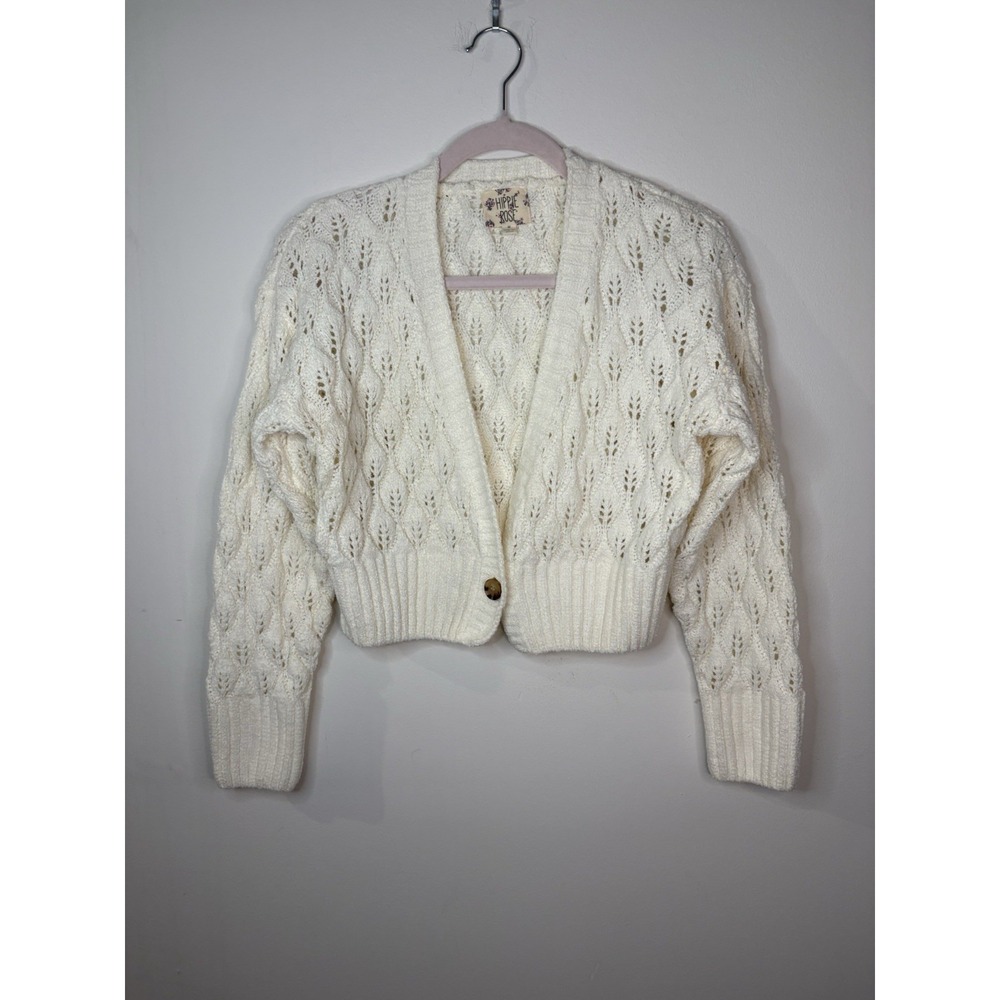 Ivory Cable Knit Cropped cardigan sweater Hippie Rose Brand Sz M Cottage Boho - Picture 2 of 8